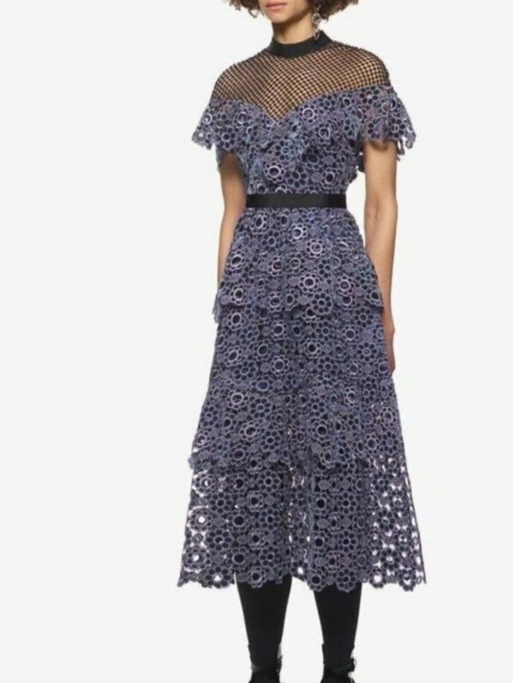 NWT Self-Portrait Sweetheart Yoke Frill Lace Midi Dress Slate Blue - Picture 4 of 16